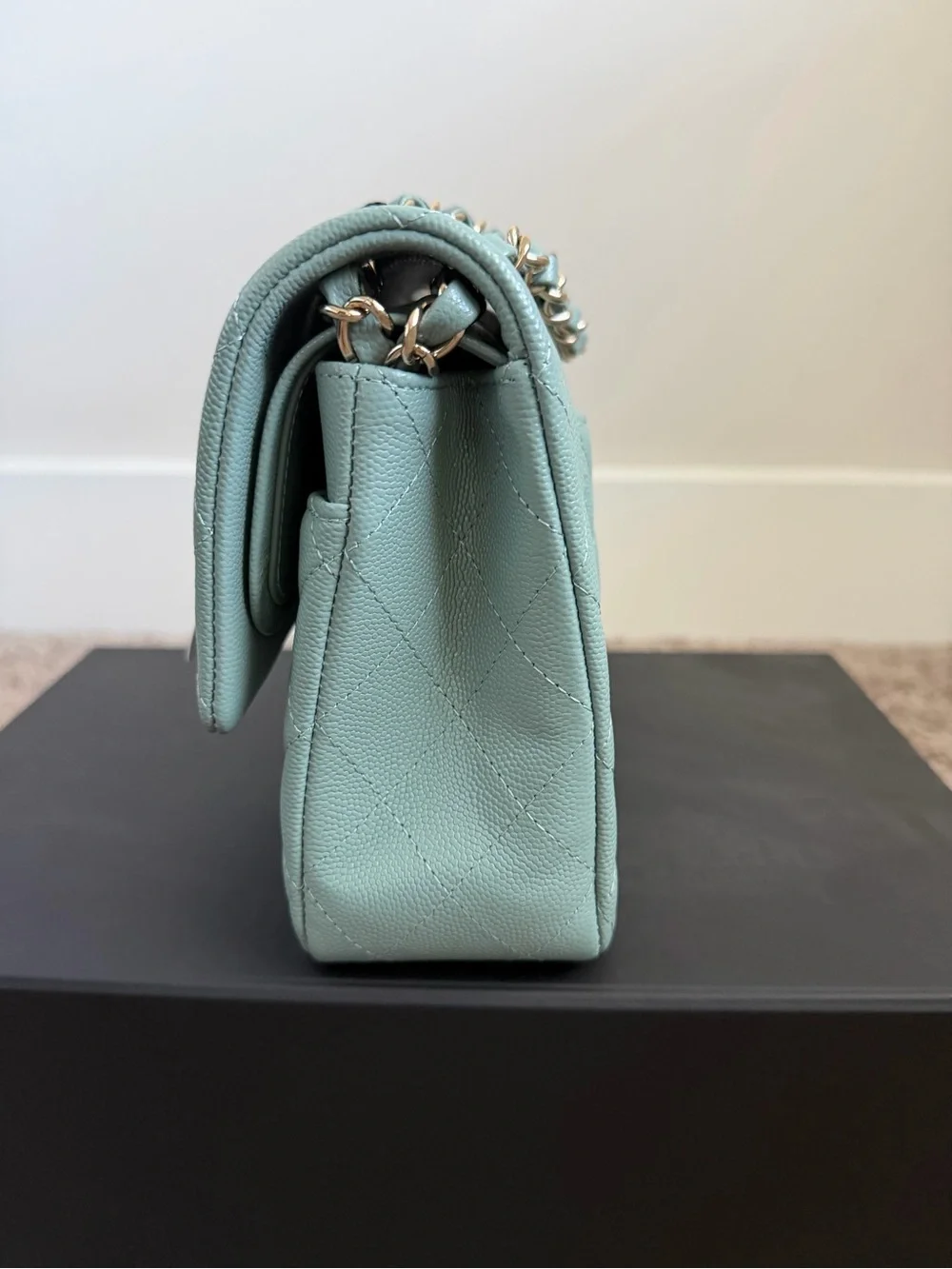 22C CHANEL Medium Classic Flap Light Green with Gold Hardware
